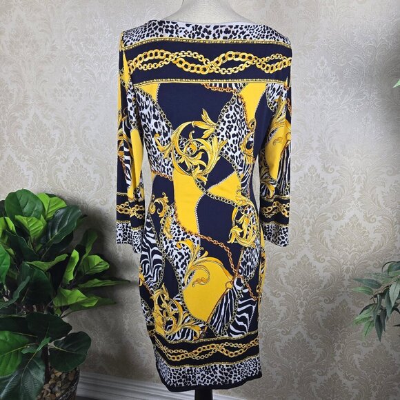 Cache Size 10 Navy Gold White Sheath Dress Animal Print Chain Pattern Sleeves - Picture 7 of 11